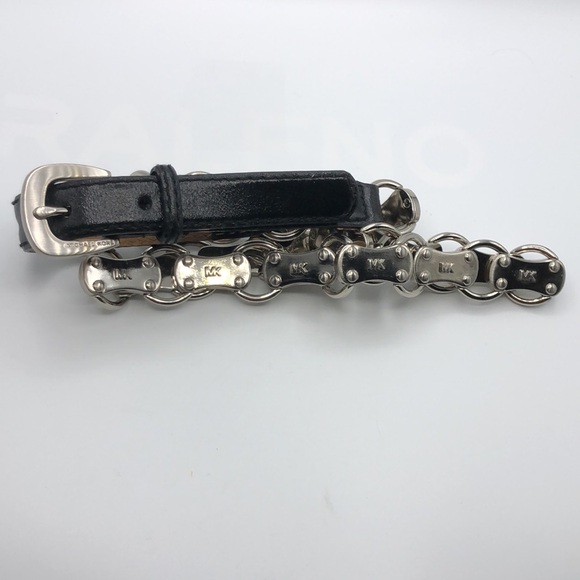 Vtg Black Leather & Shiny Silver Tone Metal Skinny MK Link Belt Medium main image 2